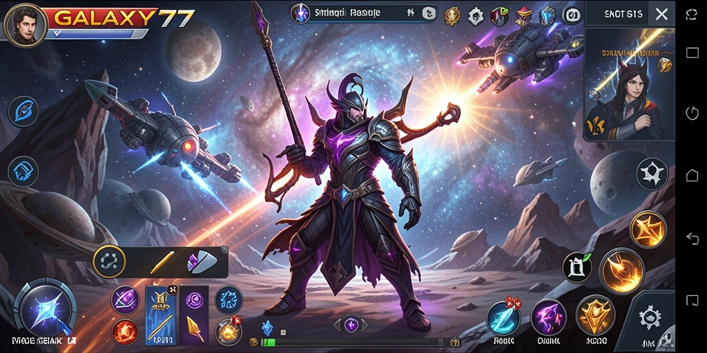Screenshot gameplay GALAXY77 menampilkan pertempuran strategis yang intens.