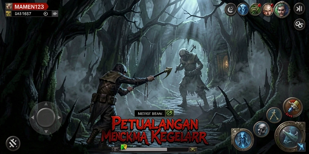 Tampilan gameplay MAMEN123 yang menyeramkan dan mencekam saat menjelajahi tempat angker.