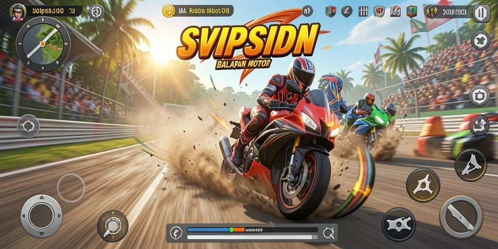 Screenshot gameplay memperlihatkan balapan motor yang seru dan mendebarkan.