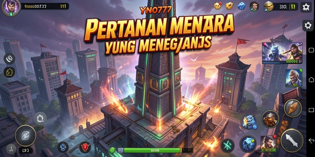 Screenshot YONO777 menunjukkan aksi intens di permainan Tower Defense.